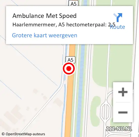 Locatie op kaart van de 112 melding: Ambulance Met Spoed Naar Haarlemmermeer, A5 hectometerpaal: 2,5 op 10 januari 2022 20:20