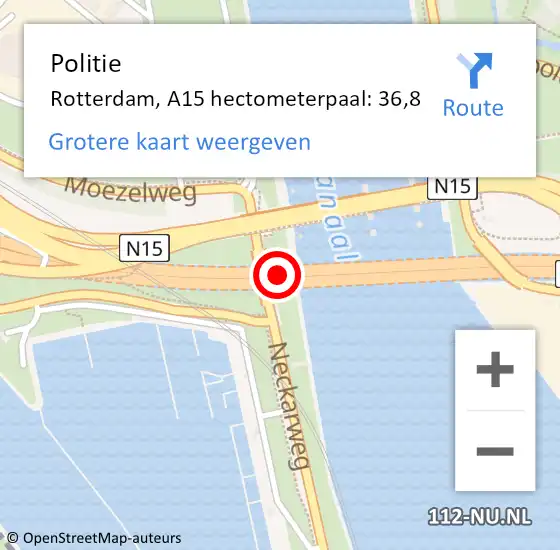 Locatie op kaart van de 112 melding: Politie Rotterdam, A15 hectometerpaal: 36,8 op 10 januari 2022 23:10