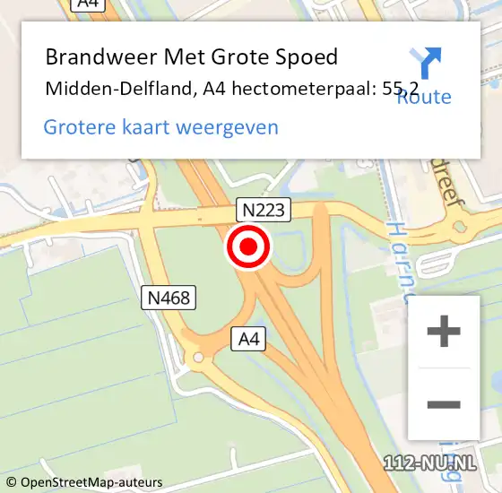 Locatie op kaart van de 112 melding: Brandweer Met Grote Spoed Naar Midden-Delfland, A4 hectometerpaal: 55,2 op 11 januari 2022 02:11