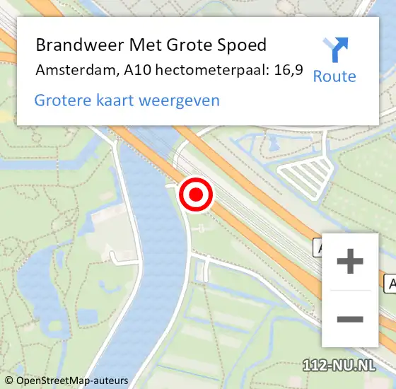 Locatie op kaart van de 112 melding: Brandweer Met Grote Spoed Naar Amsterdam, A10 hectometerpaal: 16,9 op 11 januari 2022 07:20