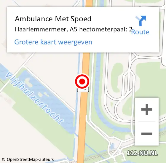 Locatie op kaart van de 112 melding: Ambulance Met Spoed Naar Haarlemmermeer, A5 hectometerpaal: 2 op 11 januari 2022 08:18
