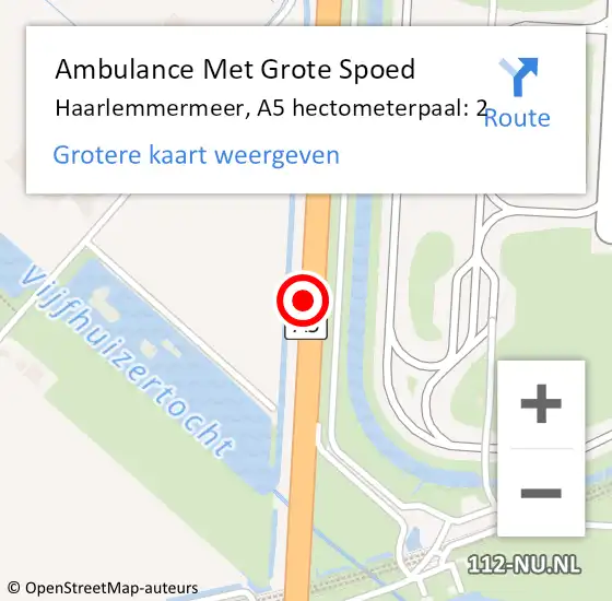 Locatie op kaart van de 112 melding: Ambulance Met Grote Spoed Naar Haarlemmermeer, A5 hectometerpaal: 2 op 11 januari 2022 08:20