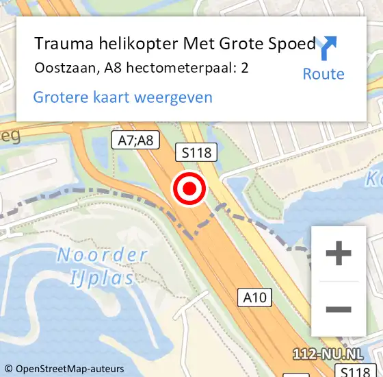 Locatie op kaart van de 112 melding: Trauma helikopter Met Grote Spoed Naar Oostzaan, A8 hectometerpaal: 2 op 11 januari 2022 08:21