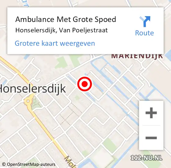 Locatie op kaart van de 112 melding: Ambulance Met Grote Spoed Naar Honselersdijk, Van Poeljestraat op 11 januari 2022 10:59