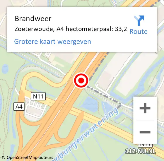 Locatie op kaart van de 112 melding: Brandweer Zoeterwoude, A4 hectometerpaal: 33,2 op 11 januari 2022 15:54