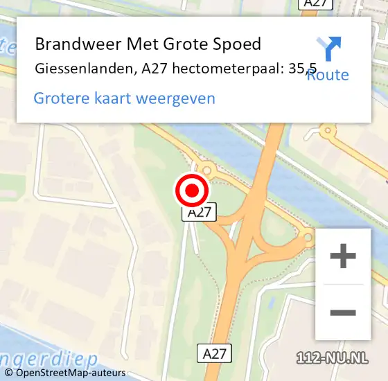 Locatie op kaart van de 112 melding: Brandweer Met Grote Spoed Naar Giessenlanden, A27 hectometerpaal: 35,5 op 11 januari 2022 17:25