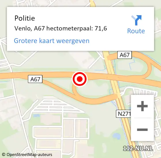 Locatie op kaart van de 112 melding: Politie Venlo, A67 hectometerpaal: 71,6 op 11 januari 2022 17:28