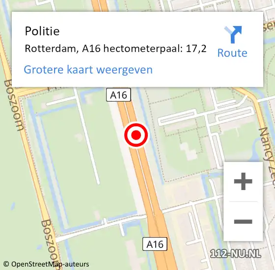 Locatie op kaart van de 112 melding: Politie Rotterdam, A16 hectometerpaal: 17,2 op 11 januari 2022 17:37