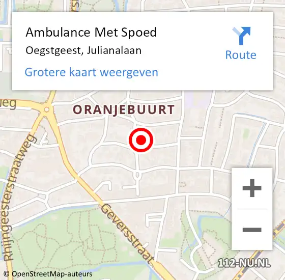 Locatie op kaart van de 112 melding: Ambulance Met Spoed Naar Oegstgeest, Julianalaan op 11 januari 2022 18:06