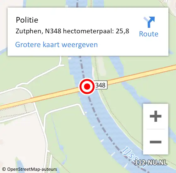 Locatie op kaart van de 112 melding: Politie Zutphen, N348 hectometerpaal: 25,8 op 11 januari 2022 19:45