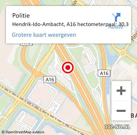 Locatie op kaart van de 112 melding: Politie Hendrik-Ido-Ambacht, A16 hectometerpaal: 30,3 op 11 januari 2022 22:03