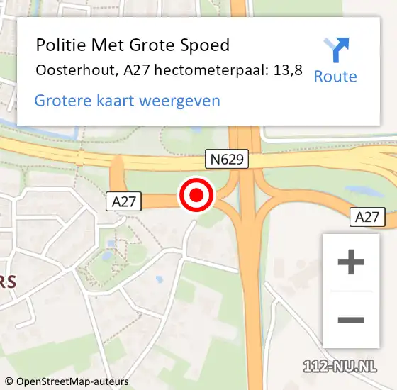 Locatie op kaart van de 112 melding: Politie Met Grote Spoed Naar Oosterhout, A27 hectometerpaal: 13,8 op 12 januari 2022 08:07