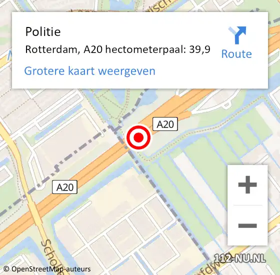 Locatie op kaart van de 112 melding: Politie Rotterdam, A20 hectometerpaal: 39,9 op 12 januari 2022 08:55