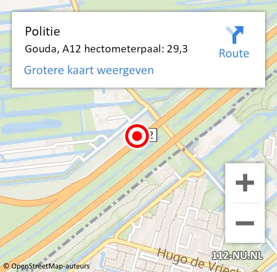 Locatie op kaart van de 112 melding: Politie Bodegraven-Reeuwijk, A12 hectometerpaal: 29,3 op 12 januari 2022 10:40