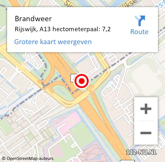 Locatie op kaart van de 112 melding: Brandweer Rijswijk, A13 hectometerpaal: 7,2 op 12 januari 2022 13:06