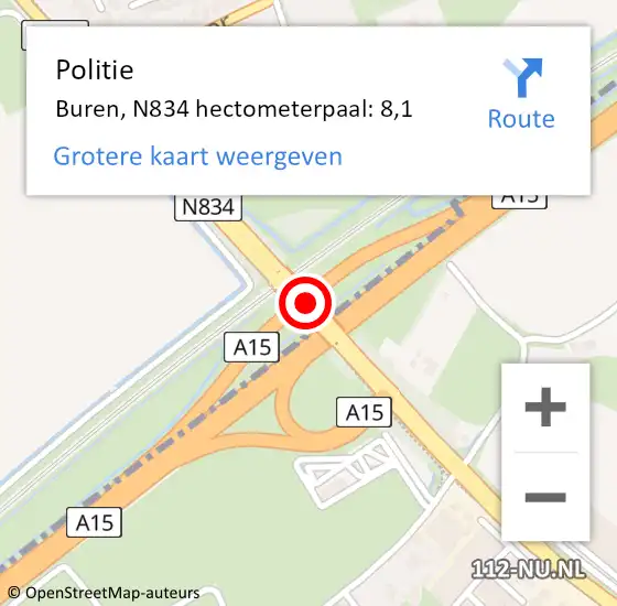Locatie op kaart van de 112 melding: Politie Buren, N834 hectometerpaal: 8,1 op 12 januari 2022 14:07