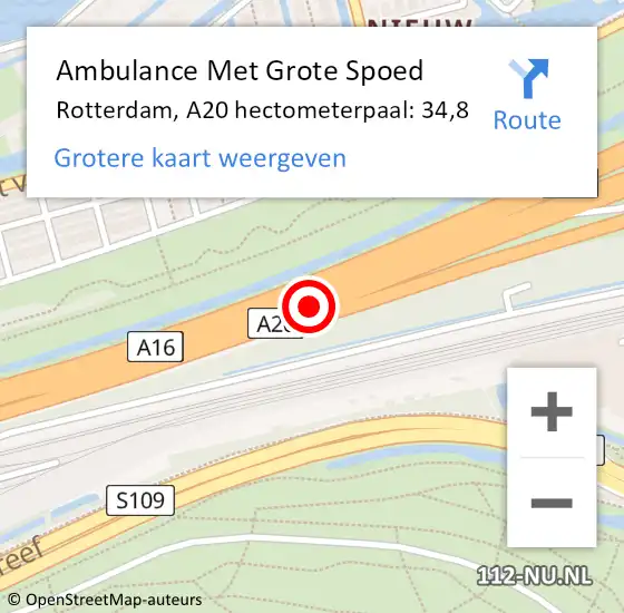 Locatie op kaart van de 112 melding: Ambulance Met Grote Spoed Naar Rotterdam, A20 hectometerpaal: 34,8 op 12 januari 2022 14:27