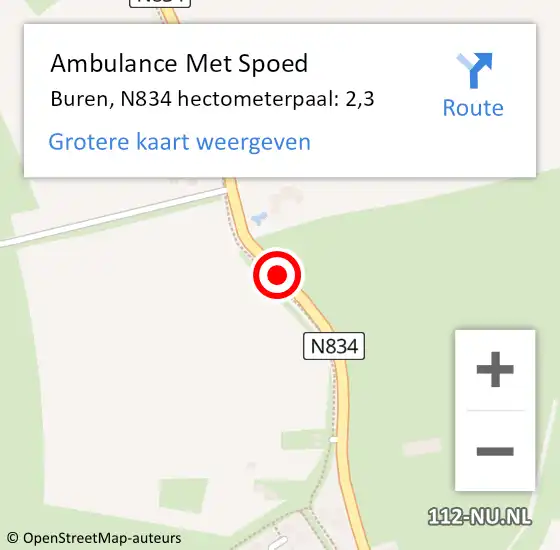 Locatie op kaart van de 112 melding: Ambulance Met Spoed Naar Buren, N834 hectometerpaal: 2,3 op 12 januari 2022 17:22