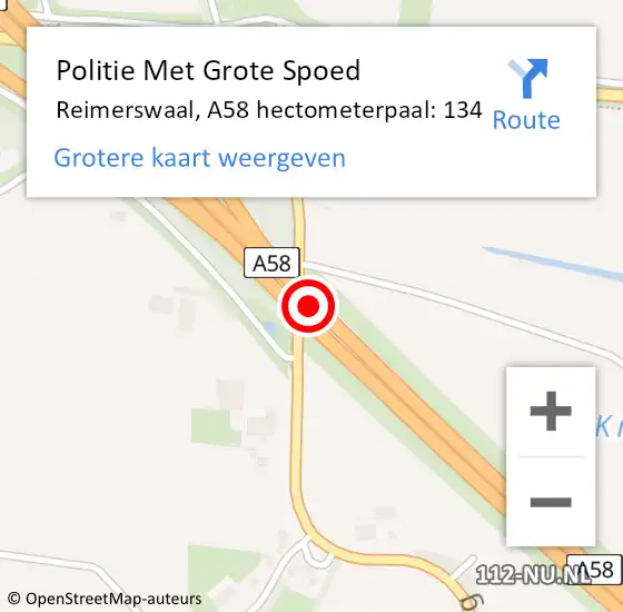 Locatie op kaart van de 112 melding: Politie Met Grote Spoed Naar Reimerswaal, A58 hectometerpaal: 134 op 12 januari 2022 17:33