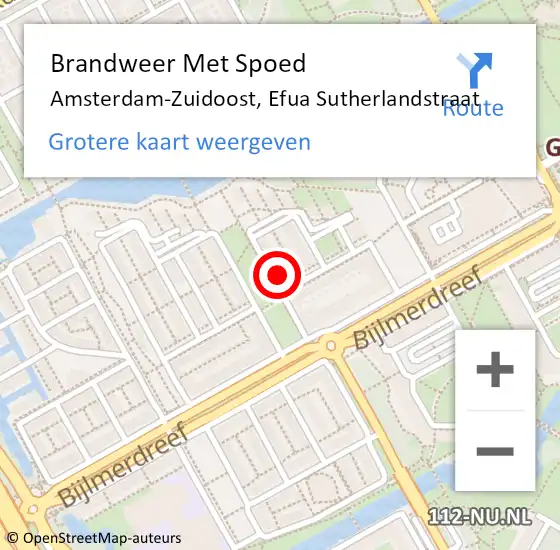 Locatie op kaart van de 112 melding: Brandweer Met Spoed Naar Amsterdam-Zuidoost, Efua Sutherlandstraat op 12 januari 2022 17:36