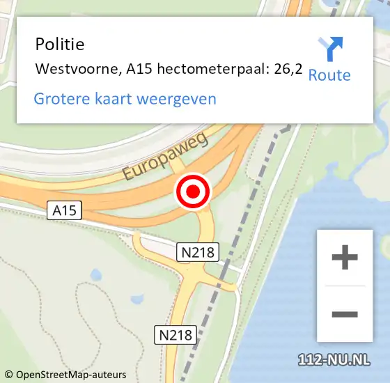 Locatie op kaart van de 112 melding: Politie Westvoorne, A15 hectometerpaal: 26,2 op 12 januari 2022 19:17