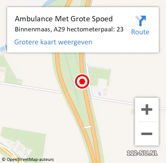 Locatie op kaart van de 112 melding: Ambulance Met Grote Spoed Naar Binnenmaas, A29 hectometerpaal: 23 op 12 januari 2022 22:51
