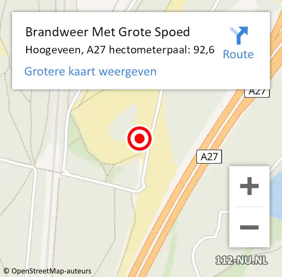 Locatie op kaart van de 112 melding: Brandweer Met Grote Spoed Naar Hoogeveen, A27 hectometerpaal: 92,6 op 12 januari 2022 23:35