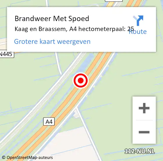 Locatie op kaart van de 112 melding: Brandweer Met Spoed Naar Kaag en Braassem, A4 hectometerpaal: 25 op 13 januari 2022 04:46