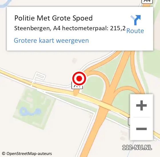 Locatie op kaart van de 112 melding: Politie Met Grote Spoed Naar Steenbergen, A4 hectometerpaal: 215,2 op 13 januari 2022 05:52