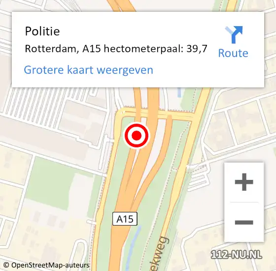 Locatie op kaart van de 112 melding: Politie Rotterdam, A15 hectometerpaal: 39,7 op 13 januari 2022 07:07