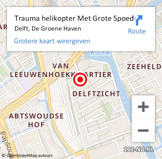 Locatie op kaart van de 112 melding: Trauma helikopter Met Grote Spoed Naar Delft, De Groene Haven op 13 januari 2022 08:20