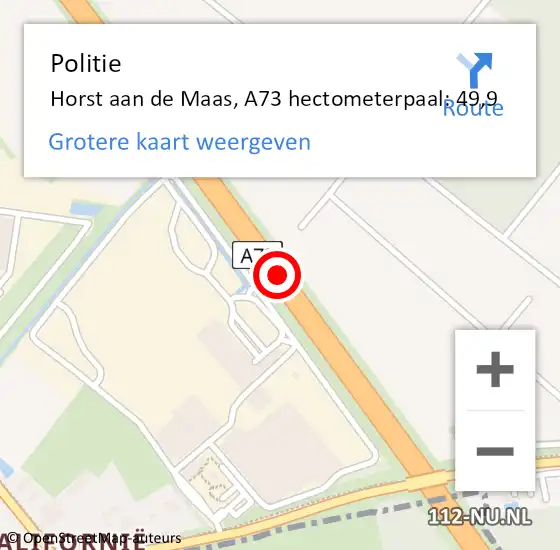 Locatie op kaart van de 112 melding: Politie Horst aan de Maas, A73 hectometerpaal: 49,9 op 13 januari 2022 10:28