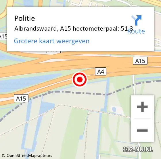 Locatie op kaart van de 112 melding: Politie Albrandswaard, A15 hectometerpaal: 51,3 op 13 januari 2022 11:39