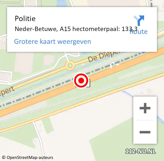 Locatie op kaart van de 112 melding: Politie Neder-Betuwe, A15 hectometerpaal: 133,3 op 13 januari 2022 13:36