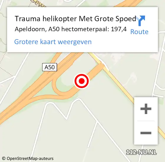 Locatie op kaart van de 112 melding: Trauma helikopter Met Grote Spoed Naar Apeldoorn, A50 hectometerpaal: 197,4 op 13 januari 2022 15:40