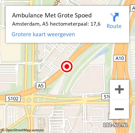 Locatie op kaart van de 112 melding: Ambulance Met Grote Spoed Naar Amsterdam, A5 hectometerpaal: 17,6 op 13 januari 2022 17:32