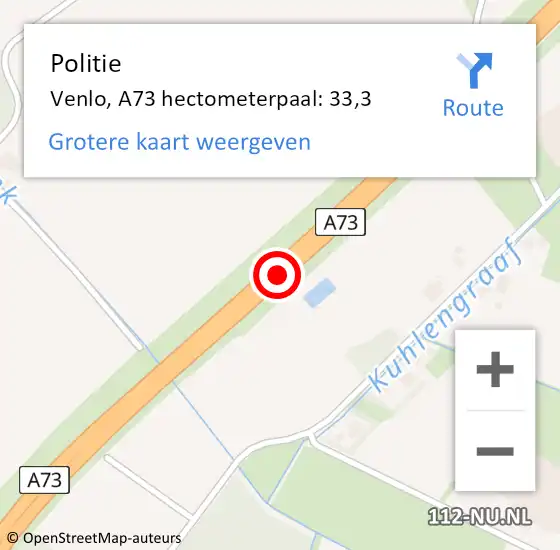 Locatie op kaart van de 112 melding: Politie Venlo, A73 hectometerpaal: 33,3 op 13 januari 2022 17:33