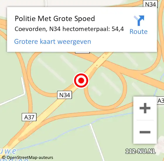 Locatie op kaart van de 112 melding: Politie Met Grote Spoed Naar Coevorden, N34 hectometerpaal: 54,4 op 13 januari 2022 17:34