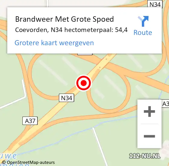Locatie op kaart van de 112 melding: Brandweer Met Grote Spoed Naar Coevorden, N34 hectometerpaal: 54,4 op 13 januari 2022 17:34