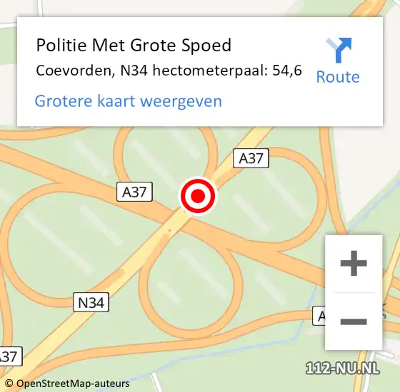 Locatie op kaart van de 112 melding: Politie Met Grote Spoed Naar Coevorden, N34 hectometerpaal: 54,6 op 13 januari 2022 17:34