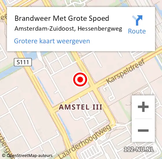 Locatie op kaart van de 112 melding: Brandweer Met Grote Spoed Naar Amsterdam-Zuidoost, Hessenbergweg op 13 januari 2022 17:38