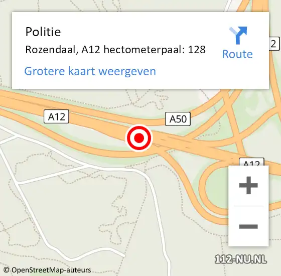 Locatie op kaart van de 112 melding: Politie Rozendaal, A12 hectometerpaal: 128 op 13 januari 2022 18:02