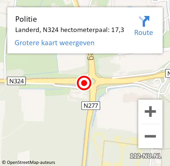 Locatie op kaart van de 112 melding: Politie Landerd, N324 hectometerpaal: 17,3 op 13 januari 2022 18:49