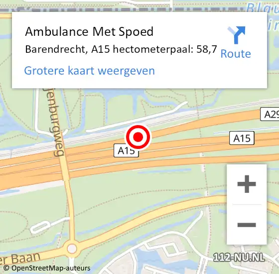 Locatie op kaart van de 112 melding: Ambulance Met Spoed Naar Barendrecht, A15 hectometerpaal: 58,7 op 13 januari 2022 19:52