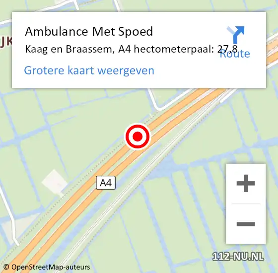 Locatie op kaart van de 112 melding: Ambulance Met Spoed Naar Kaag en Braassem, A4 hectometerpaal: 27,8 op 14 januari 2022 08:51