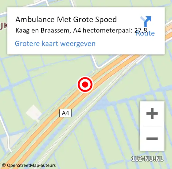 Locatie op kaart van de 112 melding: Ambulance Met Grote Spoed Naar Kaag en Braassem, A4 hectometerpaal: 27,8 op 14 januari 2022 08:53