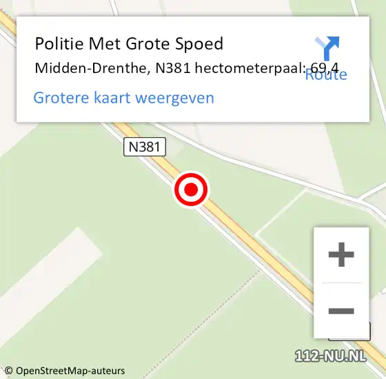 Locatie op kaart van de 112 melding: Politie Met Grote Spoed Naar Midden-Drenthe, N381 hectometerpaal: 69,4 op 14 januari 2022 13:14