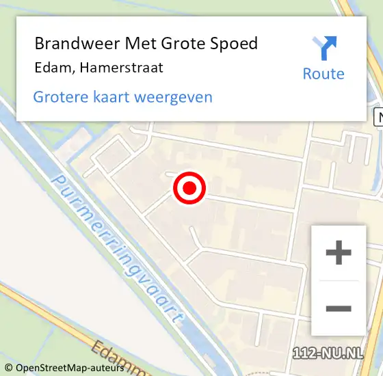 Locatie op kaart van de 112 melding: Brandweer Met Grote Spoed Naar Edam, Hamerstraat op 14 januari 2022 14:43