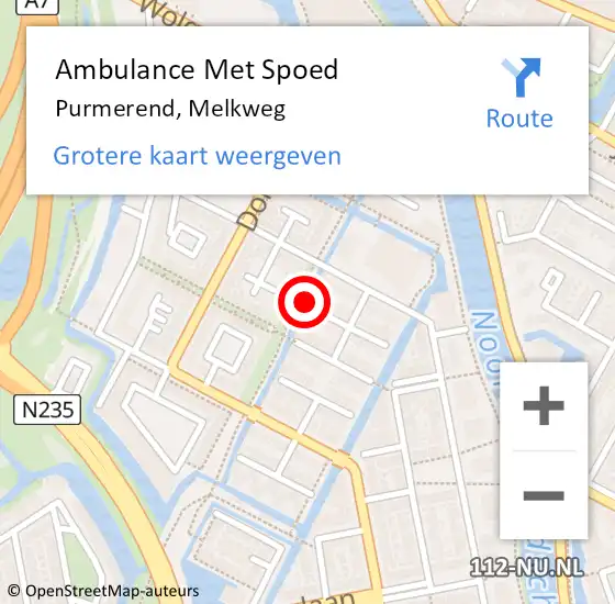 Locatie op kaart van de 112 melding: Ambulance Met Spoed Naar Purmerend, Melkweg op 14 januari 2022 15:31