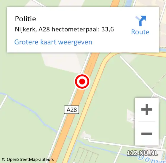 Locatie op kaart van de 112 melding: Politie Nijkerk, A28 hectometerpaal: 33,6 op 14 januari 2022 16:39